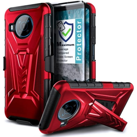 Nagebee Phone Case Compatible for Nokia X100 with Tempered Glass Screen Protector (Full Coverage), Belt Clip Holster with Built-in Kickstand, Heavy Duty Shockproof Armor Rugged Case (Red)