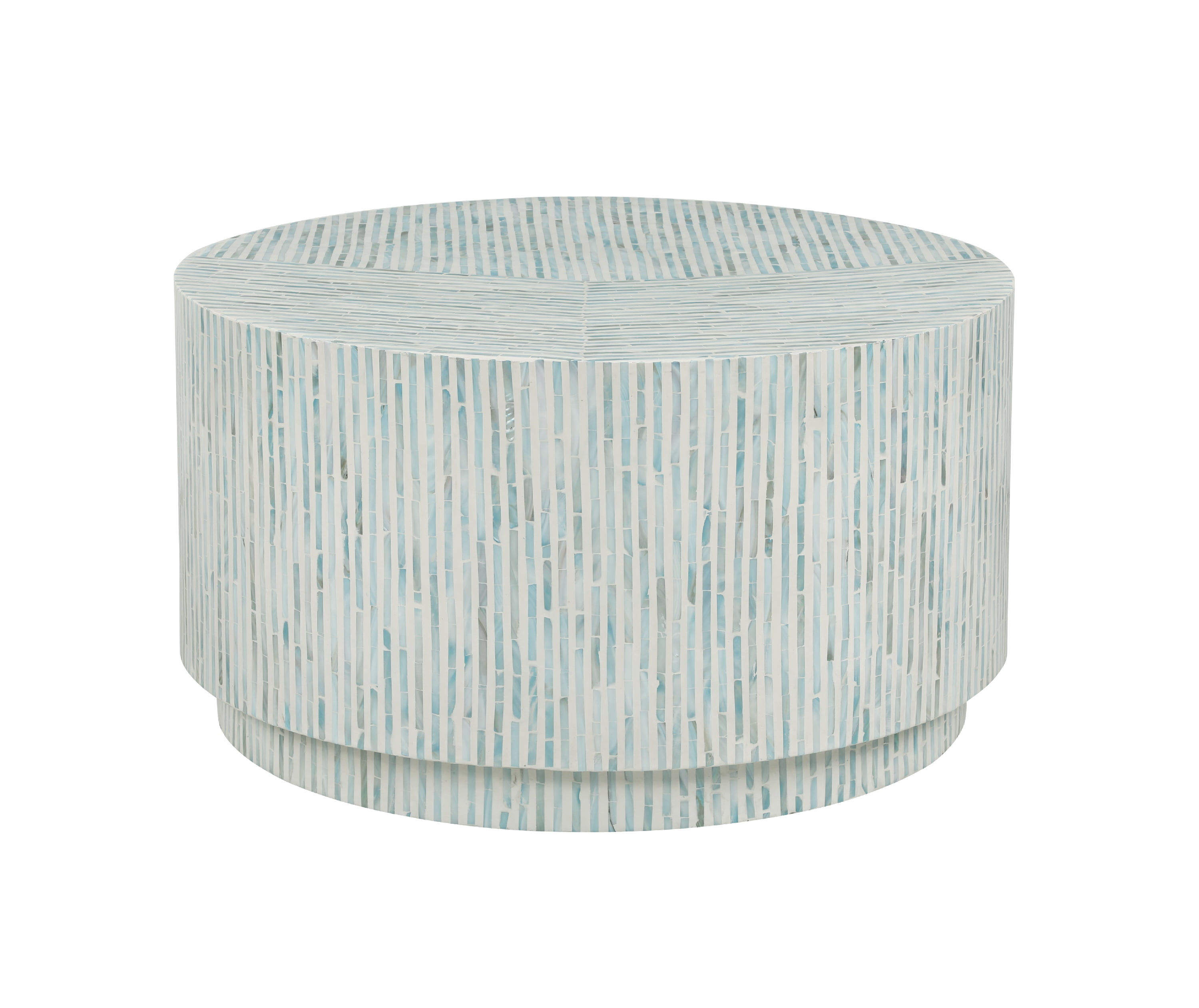 Linon Pomona Round Drum Coffee Table, Blue and Gray Mother of Pearl on White
