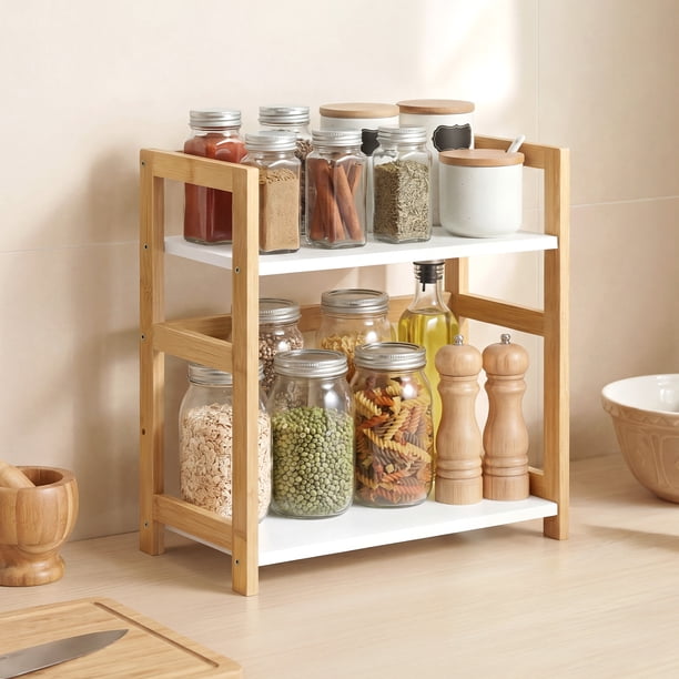 Estante para Especias de 2 Niveles, Estantería de Cocina para Encimera, Beige y Blanco