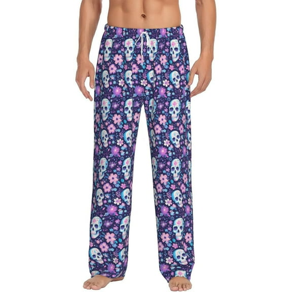 Daiia Skull Purple Flower Men's Sleep Pant with Pockets and Drawstring,Pajama Pants-Medium