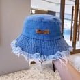 thumbnail image 4 of Joernso Women Bucket Hat Ripped Edge Flat Top Distressed Denim Large Brim Solid Color Tag Decor Lightweight Anti UV Sun Fisherman Cap for Hiking Outings Traveling, 4 of 8