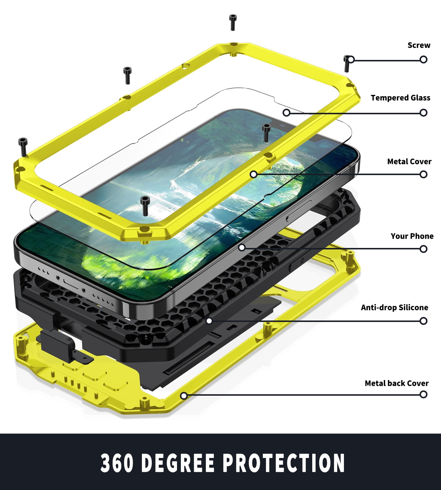 Compatible with iPhone 13 Case with Built-in Glass Screen Protector, Allytech Full Body Shockproof Life Waterproof Kickstand Slide Camera Lens Protective Case for iPhone 13 5G 6.1" 2021, Yellow