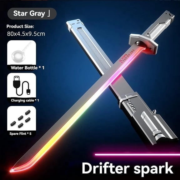 LED Cyberpunk Light Up Sword Toy - 28-inch Spark Sword with Sound & Fog, 7-Color Streaming Light, Type-C Rechargeable, for Raves, Cosplay & Display(Gray)