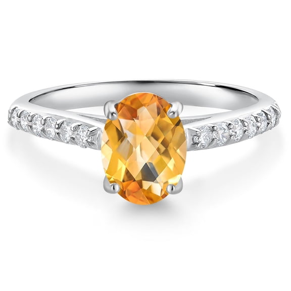 Gem Stone King 10K White Gold Yellow Citrine and White Lab Grown Diamond Engagement Ring for Women (1.43 Cttw, Oval Checkerboard 8X6MM, Gemstone November Birthstone, Size 9)