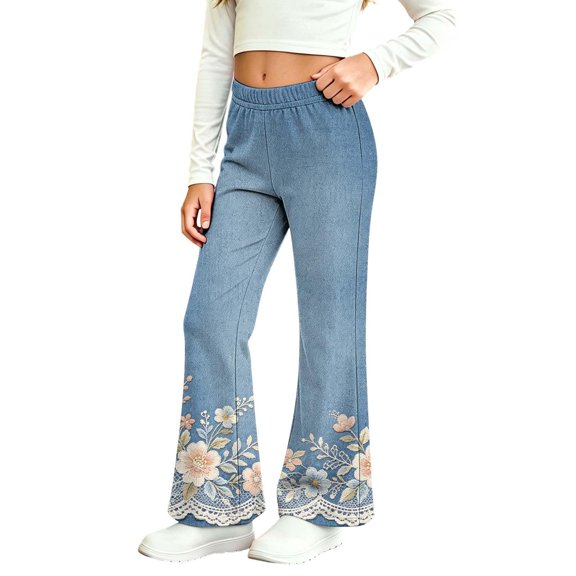 MuXiKeJi Clothes Baggy Jeans for Girls Cute Print Elastic Waist Wide Leg Flared Denim Pants Regular Fit Long Casual Bottoms Girls Denim Pants