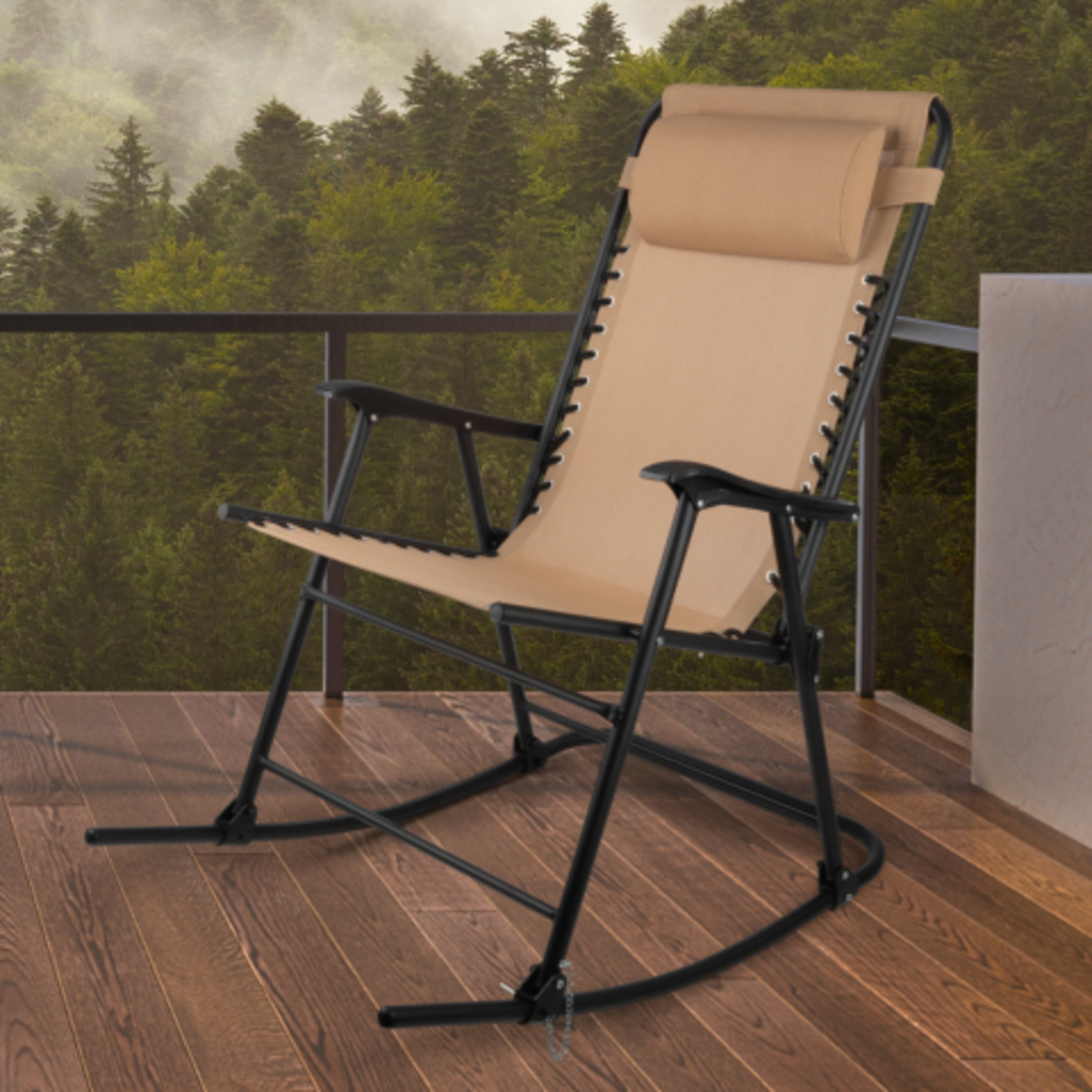 Lavish Home Outdoor Rocking Chair – Foldable Camping Chair with Pillow, Bungee Support and 309 lbs Capacity, Beige