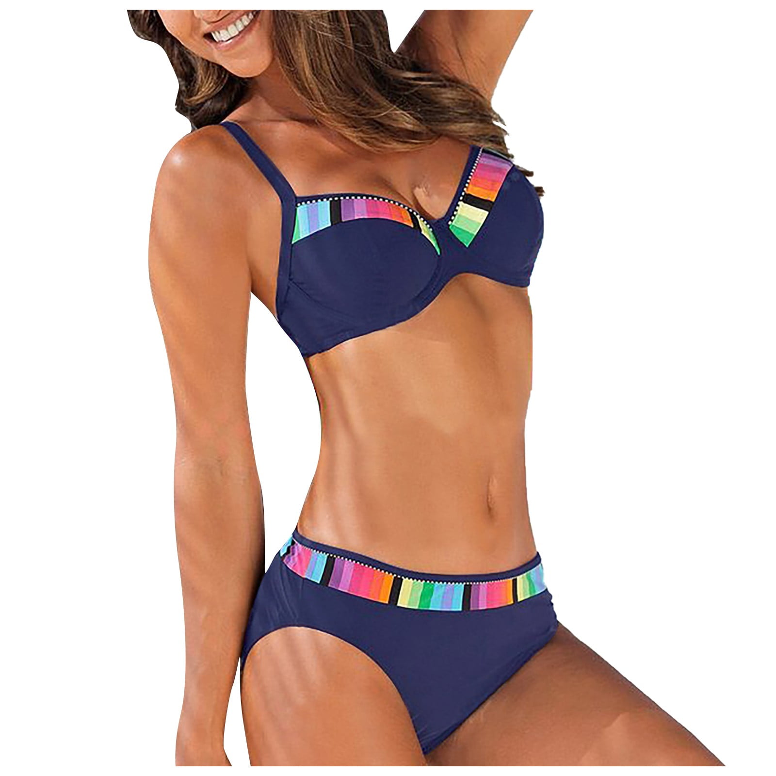 Qcmgmg Women Full Coverage Bikini Swimsuits Color Block Two Piece Low