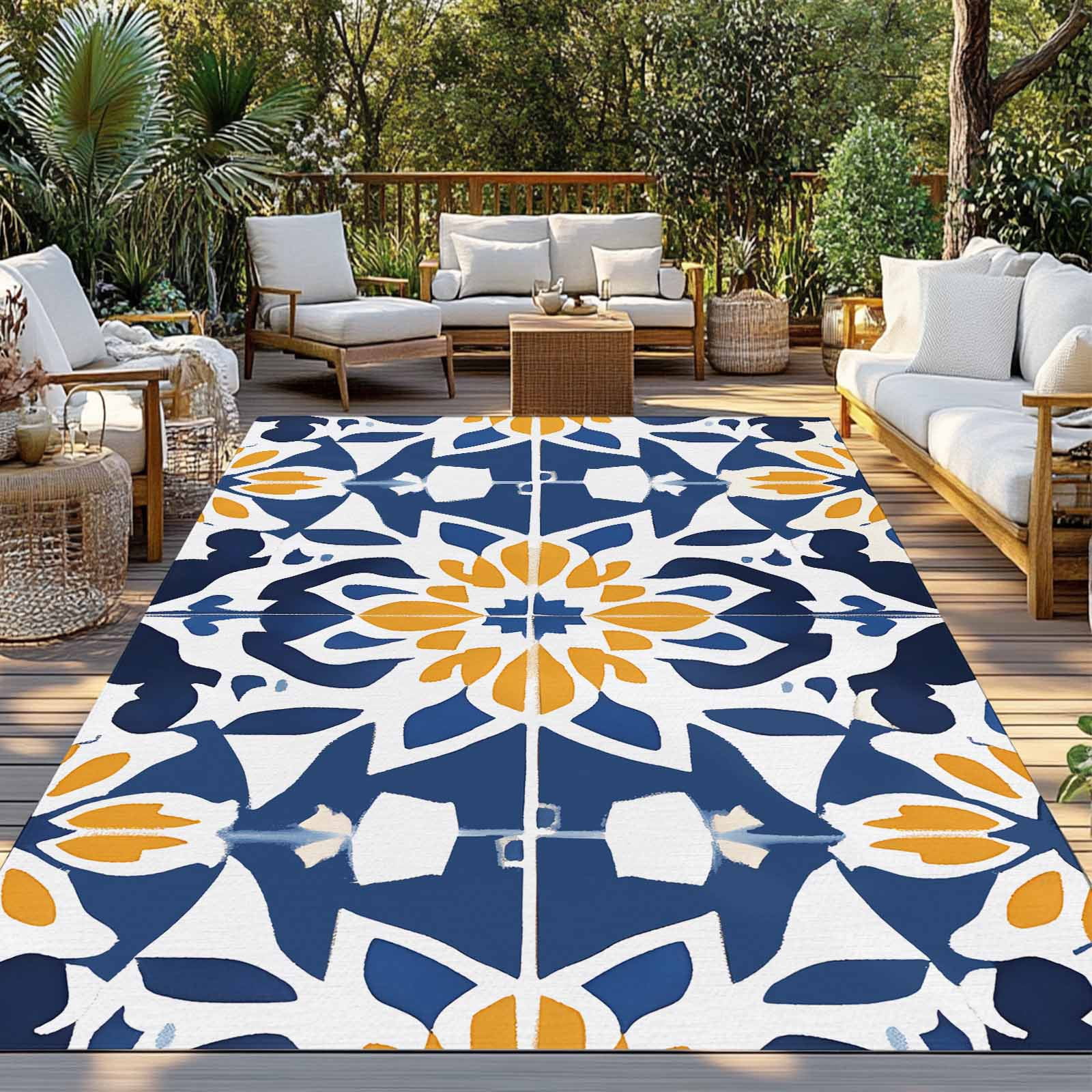 Fsddascl Blue Morocco Outdoor Rug for Patio/Deck/Porch, Non-Slip Large Area Rug 4 x 6 Ft, Boho Geometric Antique Oriental Pattern Indoor Outdoor Rugs Washable Area Rugs, Camping Rug Carpet