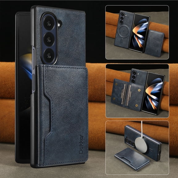 Compatible with Samsung Galaxy Z Fold 7 Magnetic Detachable Wallet Case with Card Slots RFID Blocking for Women Men, Double Magnetic Clasp Kickstand Shockproof PU Leather Phone Case,Blue