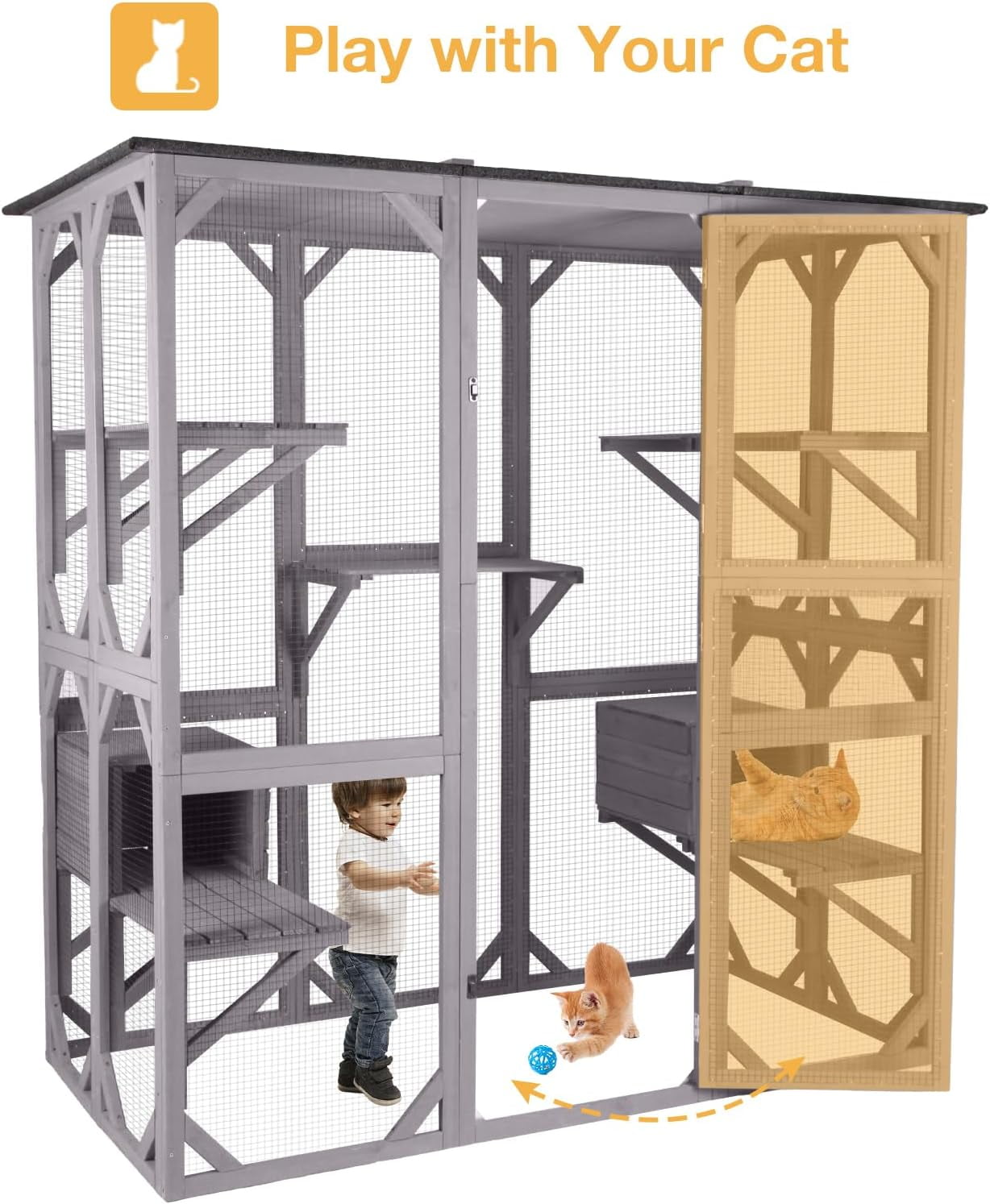 MEDEHOO Outdoor Catio Cat Enclosure, Walk-in Cat House with 7 Jumping Platforms & Weatherproof Asphalt Roof, Extra Large Cat Cage with 2 Napping Houses, Gray