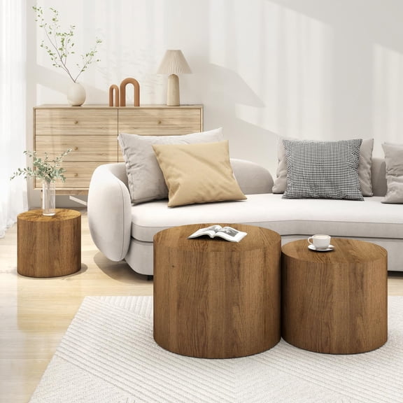 LAZZO Nesting Round Coffee Table Set of 3, Modern Wooden Accent Side Table, Space-Saving Table for Living Room Bedroom, Brown