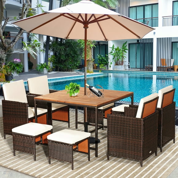 Costway 9PCS Patio Rattan Dining Set Cushioned Chairs Ottoman Wood Table Top White