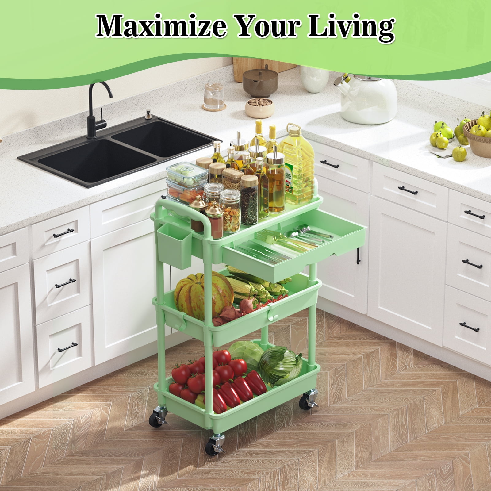 3 Tier Rolling Utility Cart with Removable Drawer, Bathroom Storage Organizer with 2 Lockable Wheels, Mobile Shelving Unit for Kitchen, Office, Snack, Craft, Makeup, Baby Essentials, Green