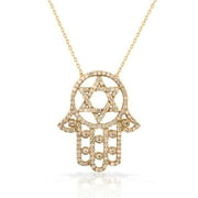 925 Sterling Silver Yellow Gold-Tone White CZ Hamsa Star of David Necklace