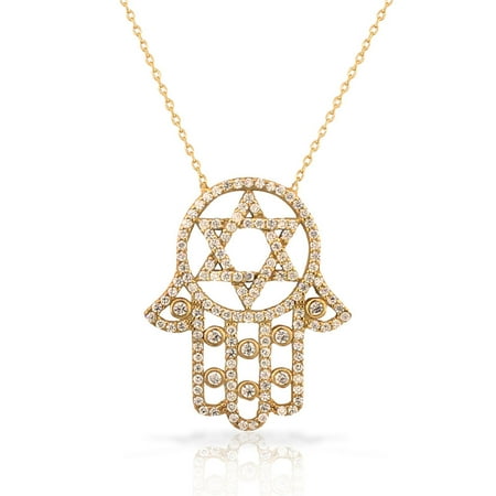 925 Sterling Silver Yellow Gold-Tone White CZ Hamsa Star of David Necklace