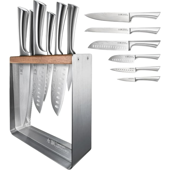 Cuisine::pro Damashiro Knife Block (Kinzoku, 7 Piece Set) - Japanese Steel Knife Block Set, Damascus Pattern with Acrylic Display Case