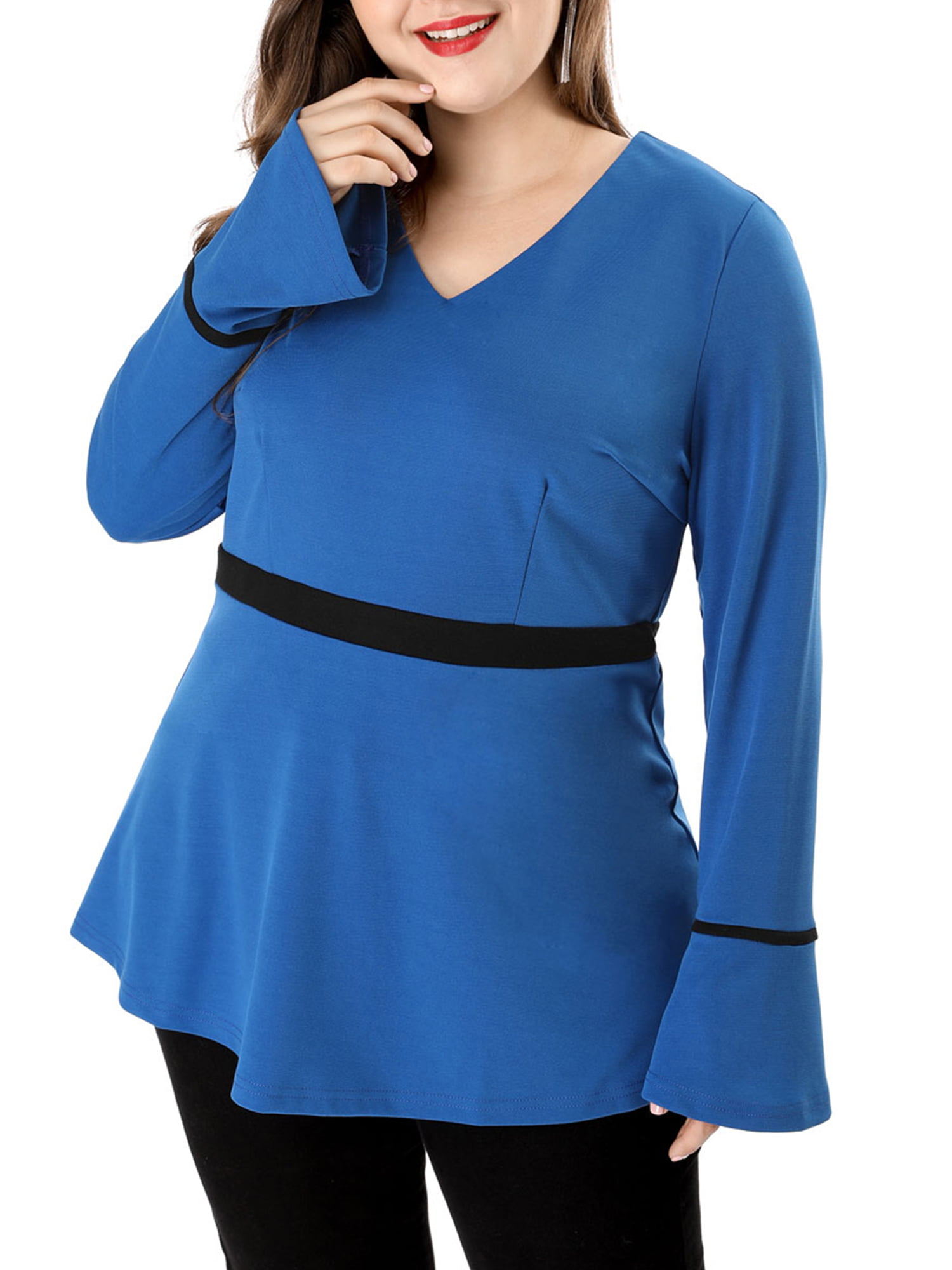 Unique Bargains - Women's Plus Size V Neck Long Sleeve Contrast Color ...