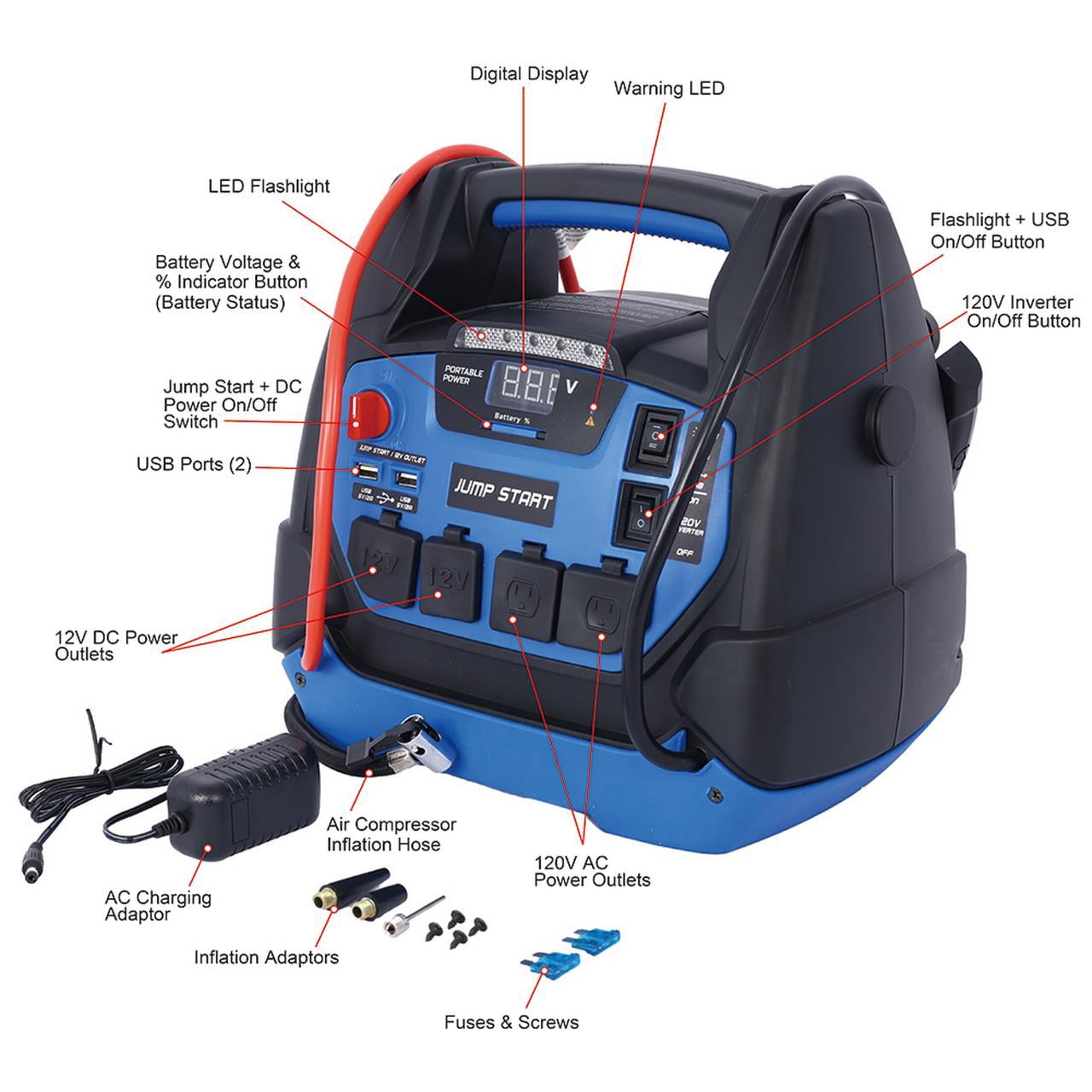 M optimized 1800 Amp Battery Jump Starter with 150-PSI Air Compressor Portable Power Station LED Light USB Ports Jumper Clamp