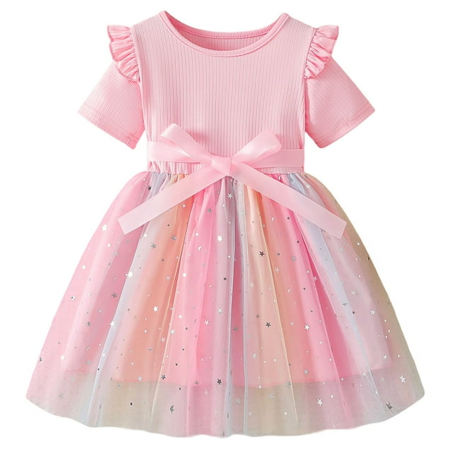 Robes de Printemps pour Filles Enfants Robe d'Été Colorée Dégradée en Maille Princesse avec Nœud Manches Courtes Robe de Fête Robes pour Bébé Rose 4 Ans-5 Ans