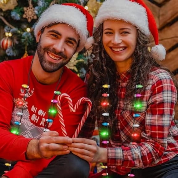 Light up Christmas Necklace, 4pcs Xmas Bulb Necklaces Accessories Bulk, Colorful Glow 3D Xmas Bulb Necklaces Decor, 3 Modes Light Necklace Decor for Ugly Sweater New Year Family Party Supplies