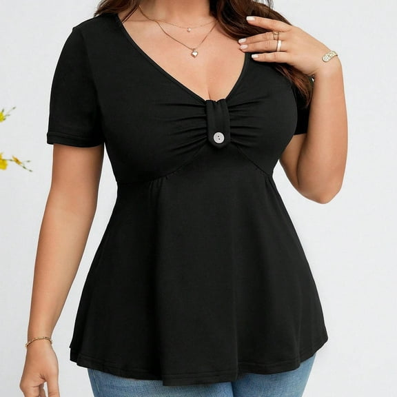 Qulqfy Empire Waist Blouses Women Short Sleeve Dressy Buckle Front Blouses V Neck Black Women Office Tops 2XL