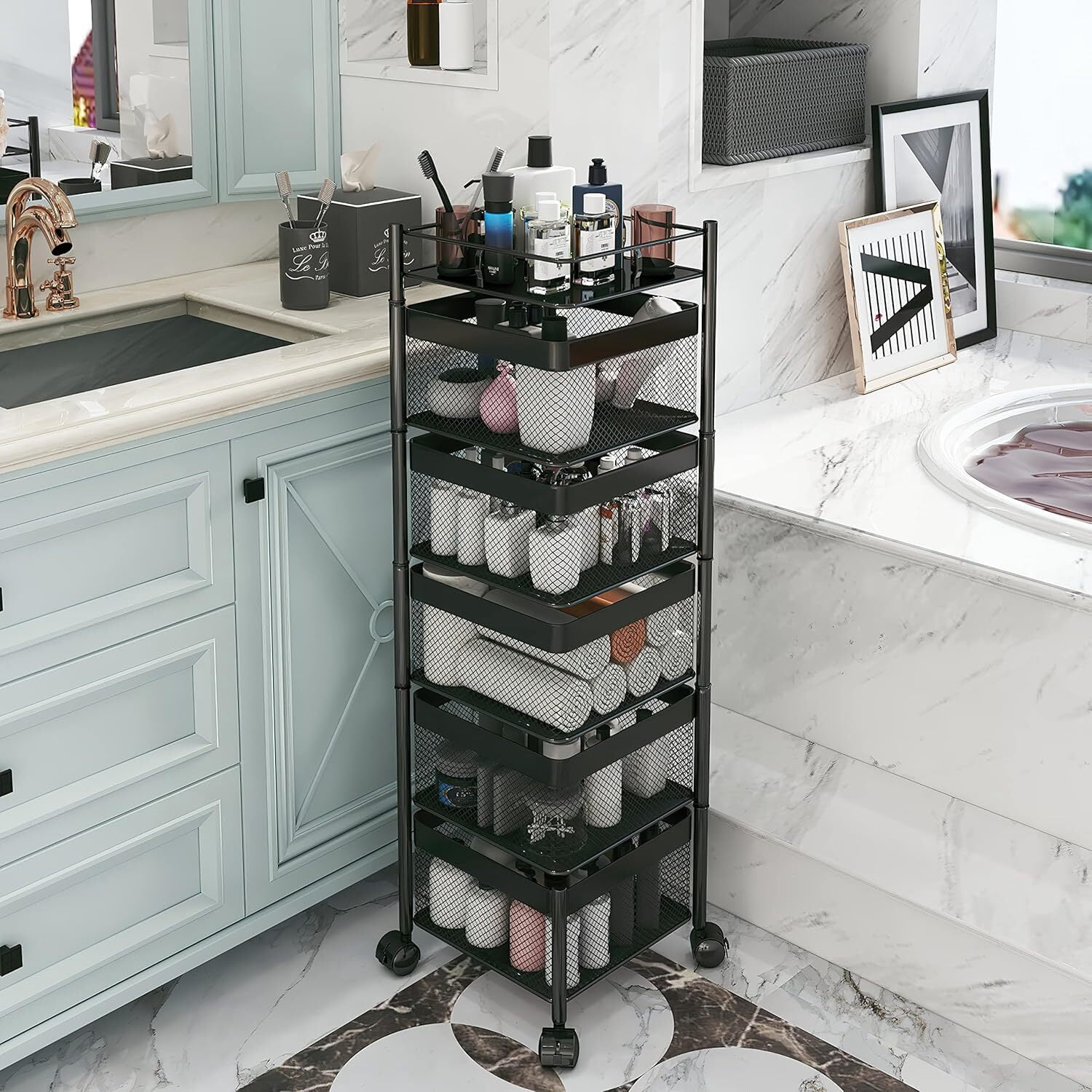 Howcool Square 5-Tier Rotating Kitchen Organizer, Heavy-Duty Metal Rolling Storage Cart with Wheels