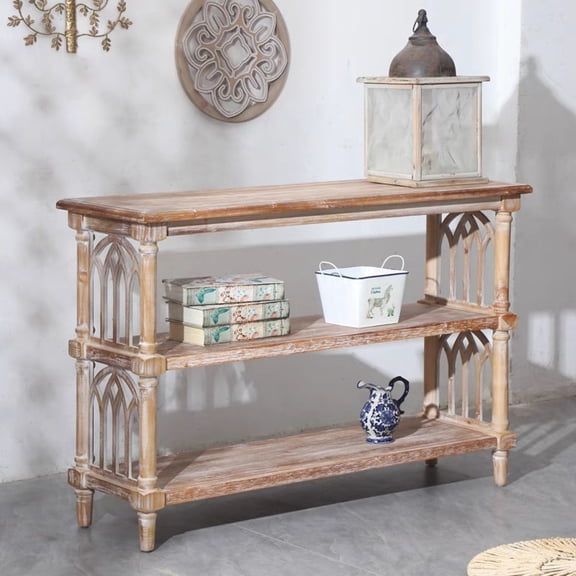 GDF Studio 47" Rustic 3-Tier Console Table, Gothic Entryway Table with Arched Details, Living Room, Hallway, Natural