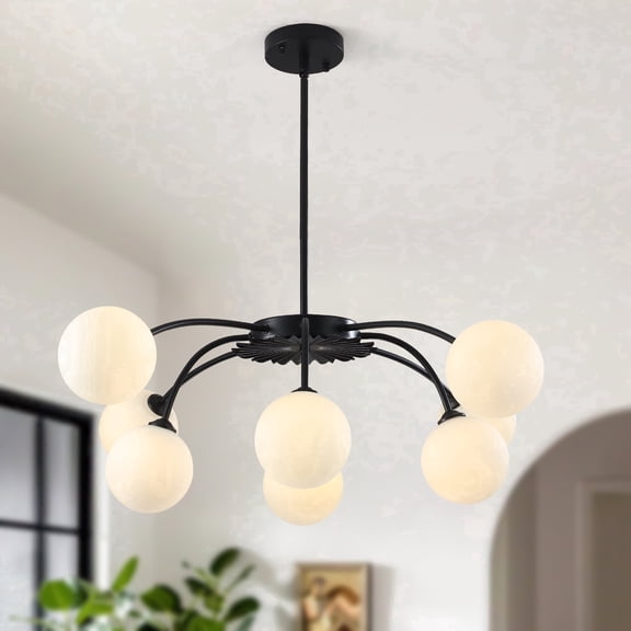 Modern 8-Light Sputnik Black Chandelier With Milky White Glass Globe Shades
