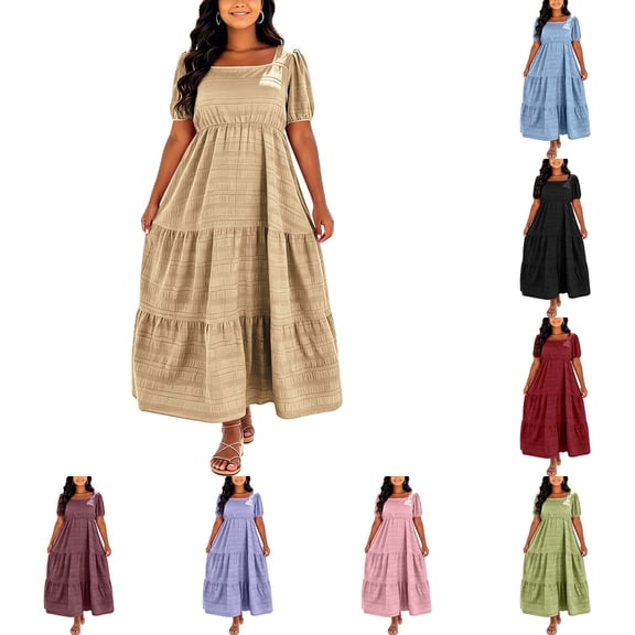 DYTTDG Plus Size Women's Tiered Maxi Dress | Square Neck Puff Short Sleeve Empire Waist Flowy Summer Dress, Casual Midi to Maxi Length Dress