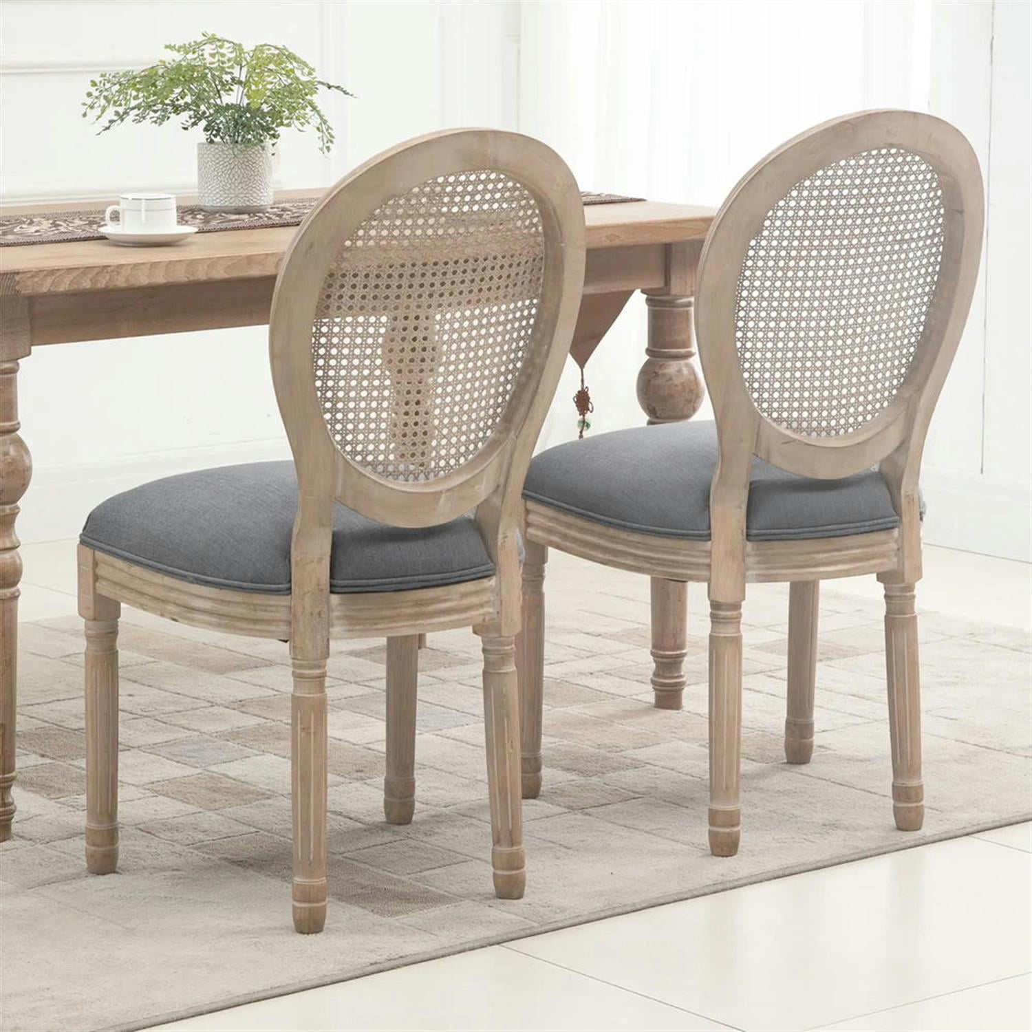 Demi Bonn Dining Chairs Set of 2, French-Style Upholstered Dining Room Chairs with Rattan Backrest and Linen-Touch Upholstery for Kitchen Restaurant, Living Room, Gray