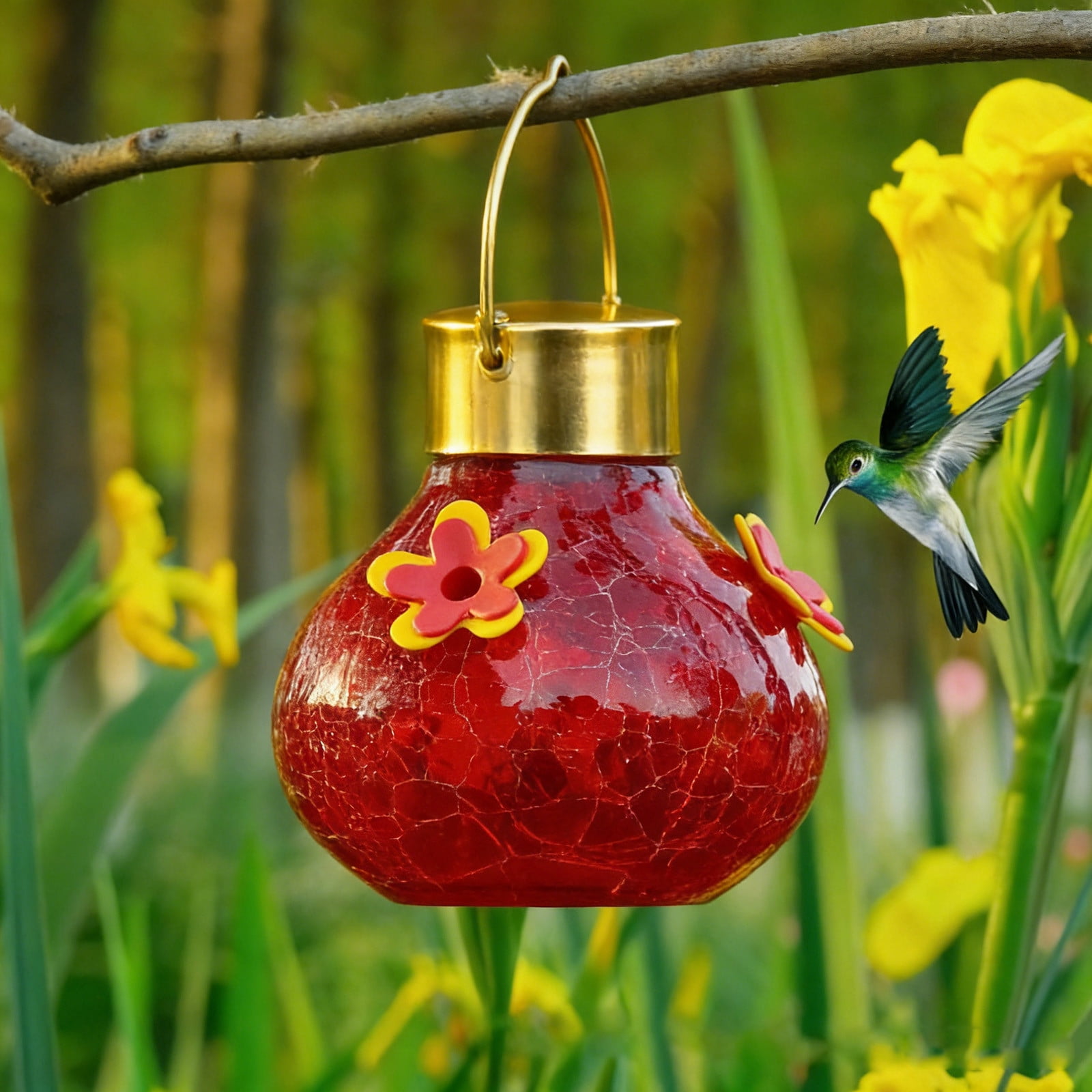 Hummingbird Feeder With Solar Light, Glass Feeders for Outdoors Hanging, Meshy Texture Ball Shape Bottle, Gifts for Mom Dad Red
