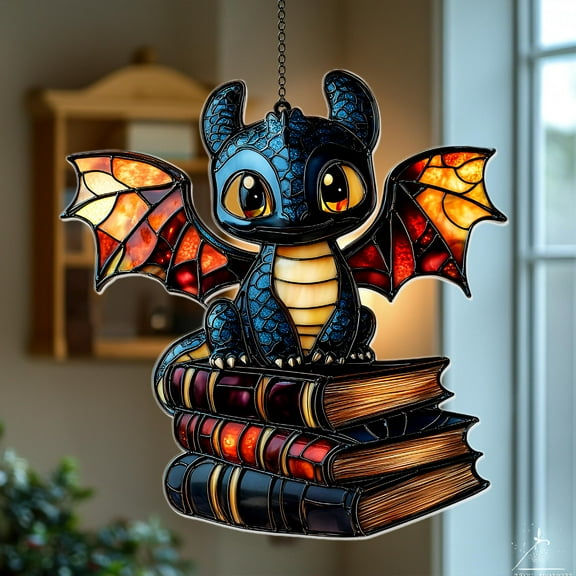 Cute Dragon and Books Acrylic Suncatcher – Faux Stained Glass Window Hanging, Fantasy Gift for Readers and HTTYD Fans 4306591303