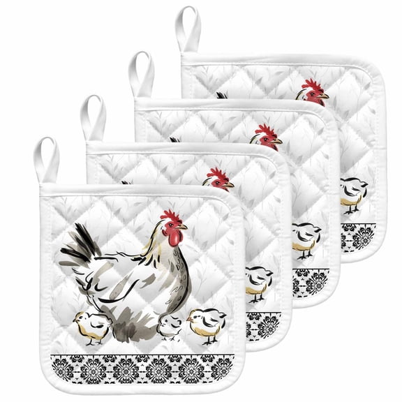 Chicken Pot Holders for Kitchen Heatproof Potholder, 4 Pack Farmhouse Country Animal Black Flower Leaf Hot Pads Multipurpose Oven Pads Cloth Potholders Trivet for Cooking and Baking