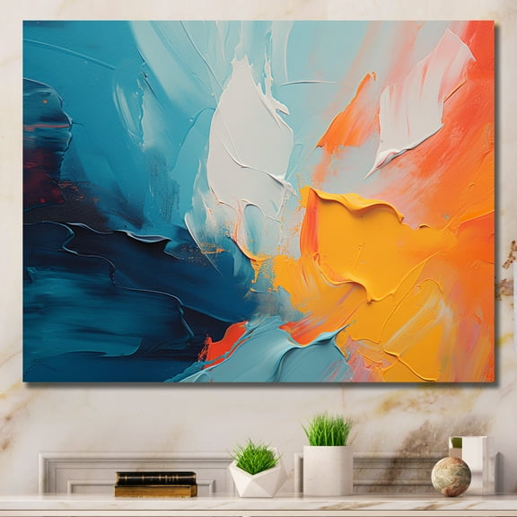 Designart "Abstract Expression in Blue and Orange IV" Abstract Wall Art - Modern Blue Abstract Painting Bedroom Canvas Wall Art