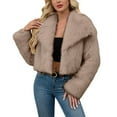 thumbnail image 2 of Women's Faux Fur Cropped Jacket, Notch Lapel Plush Short Coat, Long Sleeve Fleece Outerwear, Winter Warm Shaggy Top, Casual Fall Clothing with Pockets Khaki M, 2 of 5