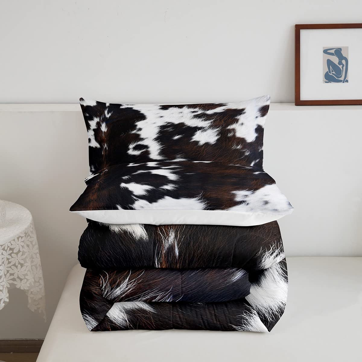 Brown Cowhide Comforter Set King,Black White Aztec Cow Print Bedding Set Western Farmhouse Animal Down Comforter for Kids Boys Girls,Rustic Cowboy Quilt Duvet Set 2 Pillow Cases Bedroom Decor