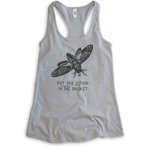 Put The Lotion In The Basket Tank Top, Ladies Racerback Tank Top, Funny Halloween Tank, Horror Movie Tee, Heather Gray, XX-Large