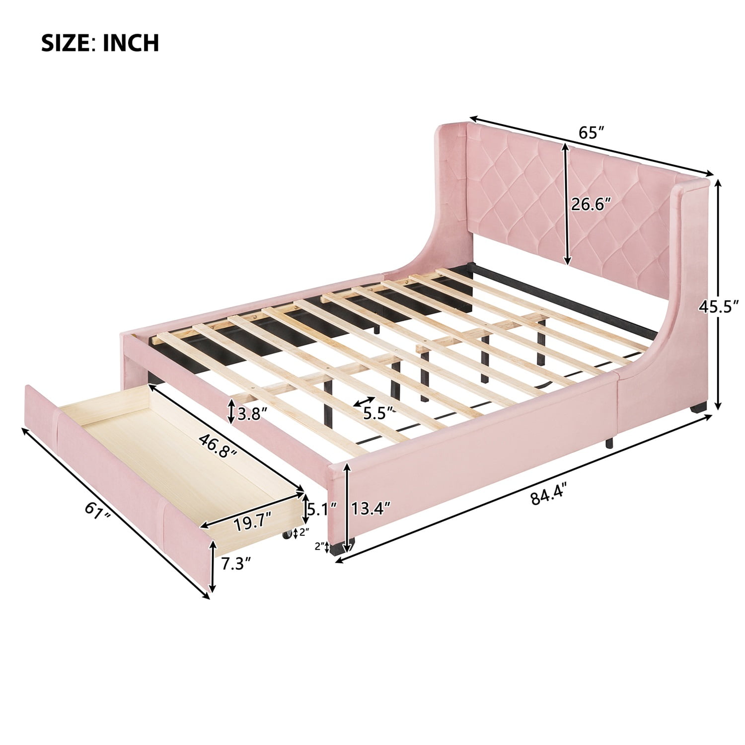 Kadyn Upholstered Platform Bed Frame with Wingback Headboard / Mattress Foundation / Wood Slat Support / No Box Spring Needed / Easy Assembly, Queen&Pink