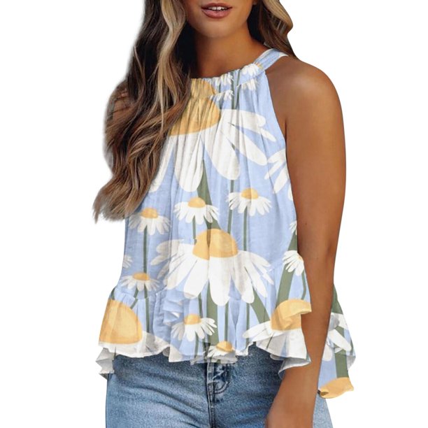 Workout Tank Tops Camiseta sin mangas con cuello para mujer, camiseta sin mangas con estampado elegante, blusas con cola de volantes, túnica fluida (Sky Blue, L)