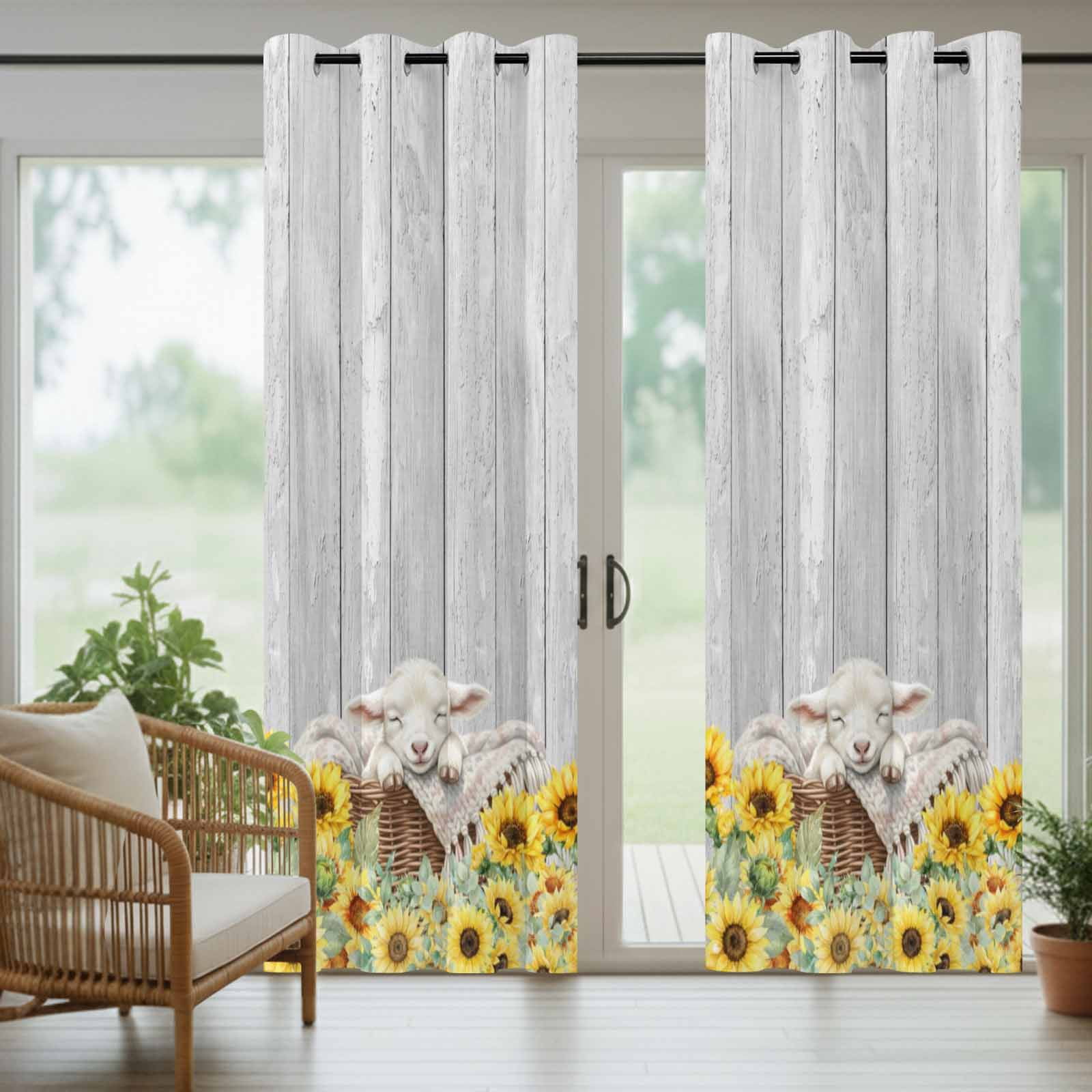 Farmhouse Outdoor Curtains for Patio, Farm Animals Cute Sheep Sunflower Wood Grain Sunshade Privacy Drapes Grommet Waterproof Outside Curtains for Porch/Cabana/Balcony 54"x 108", 1 Panel