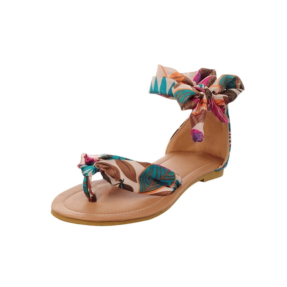 asdoklhq Summer Sandals for Women Rollback or Clearance,Women's Leisure Vacation Beach Silk Ankle Strap Color Matching Flip Flops Bohemian Sandals