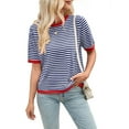 thumbnail image 2 of Womens Tops Casual Summer Crewneck Short Sleeve Striped Color Block Knit High Low Trendy Pullover Sweaters Navy Blue Red XXL, 2 of 9