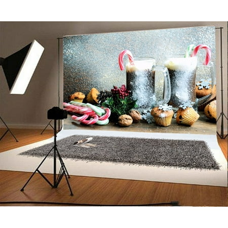 Image of GreenDecor Christmas Foods Backdrop 7x5ft Photography Backdrop Pine Twigs Candy Canes Walnuts Dessert Red Berries Snowflakes New Year Festival Celebra