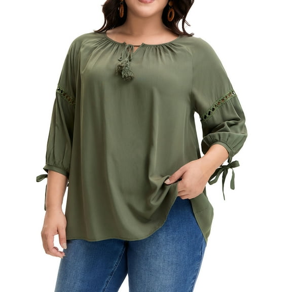 Agnes Orinda Women's Plus Size Fall Fashion Long Sleeves Tie Neck Blouse