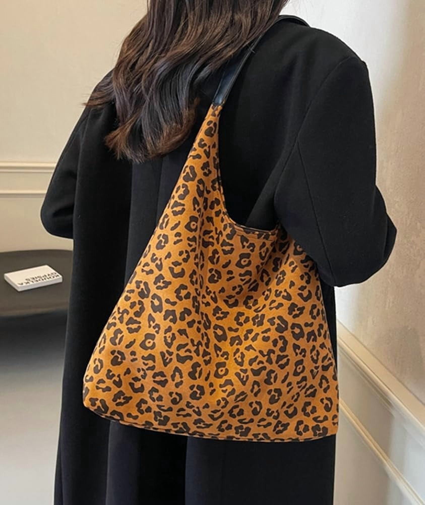 Zhengup Vintage Suede Tote Bag for Women Large Soft Shoulder Purse Leopard Print Handbag Casual Work Top Handle Satchel 2pcs