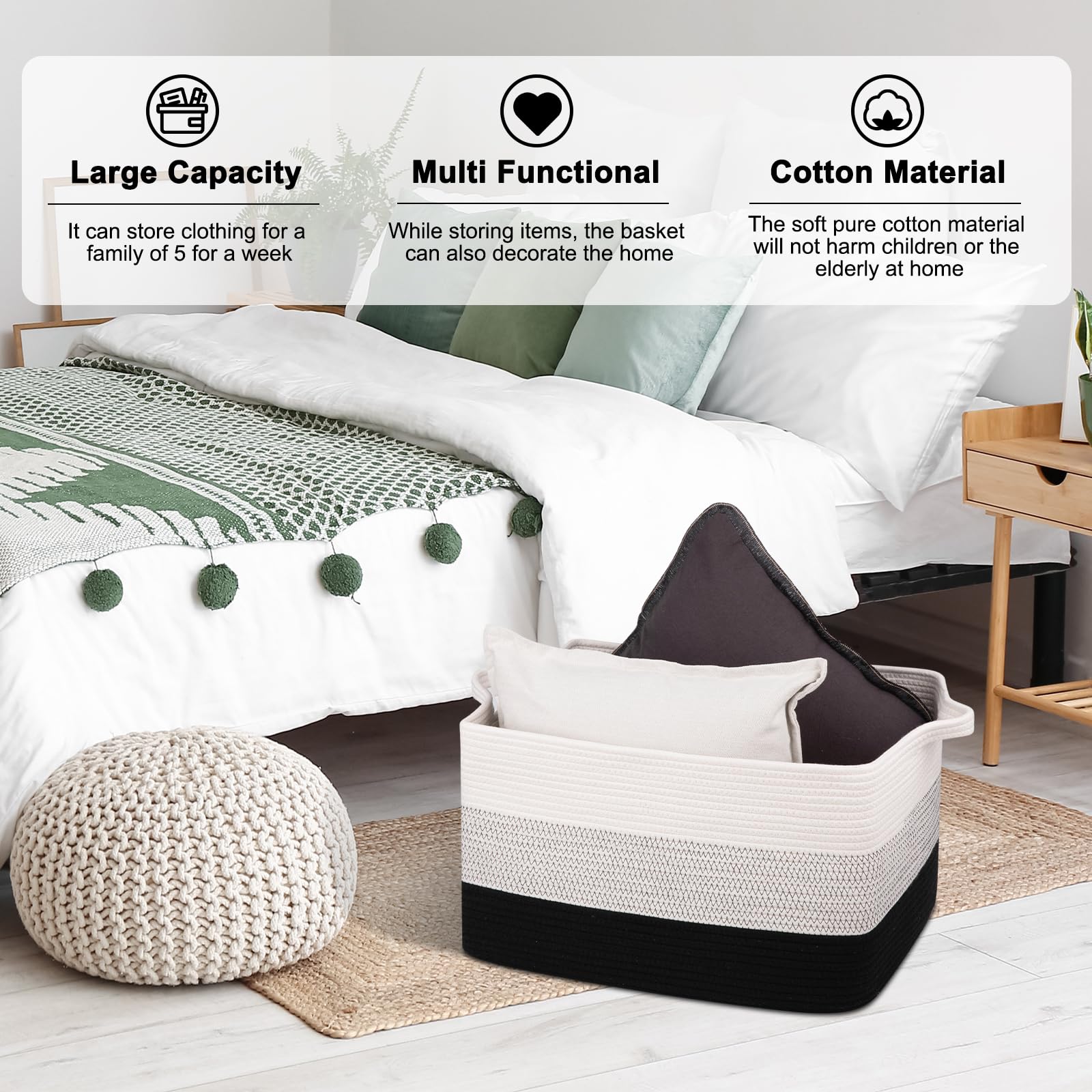 Extra Large Blanket Basket, 95L Woven Storage Basket, Cotton Rope Toy Bin for Baby Room, Container for Storage in Living Room, 24''×17''×14'', Black & White