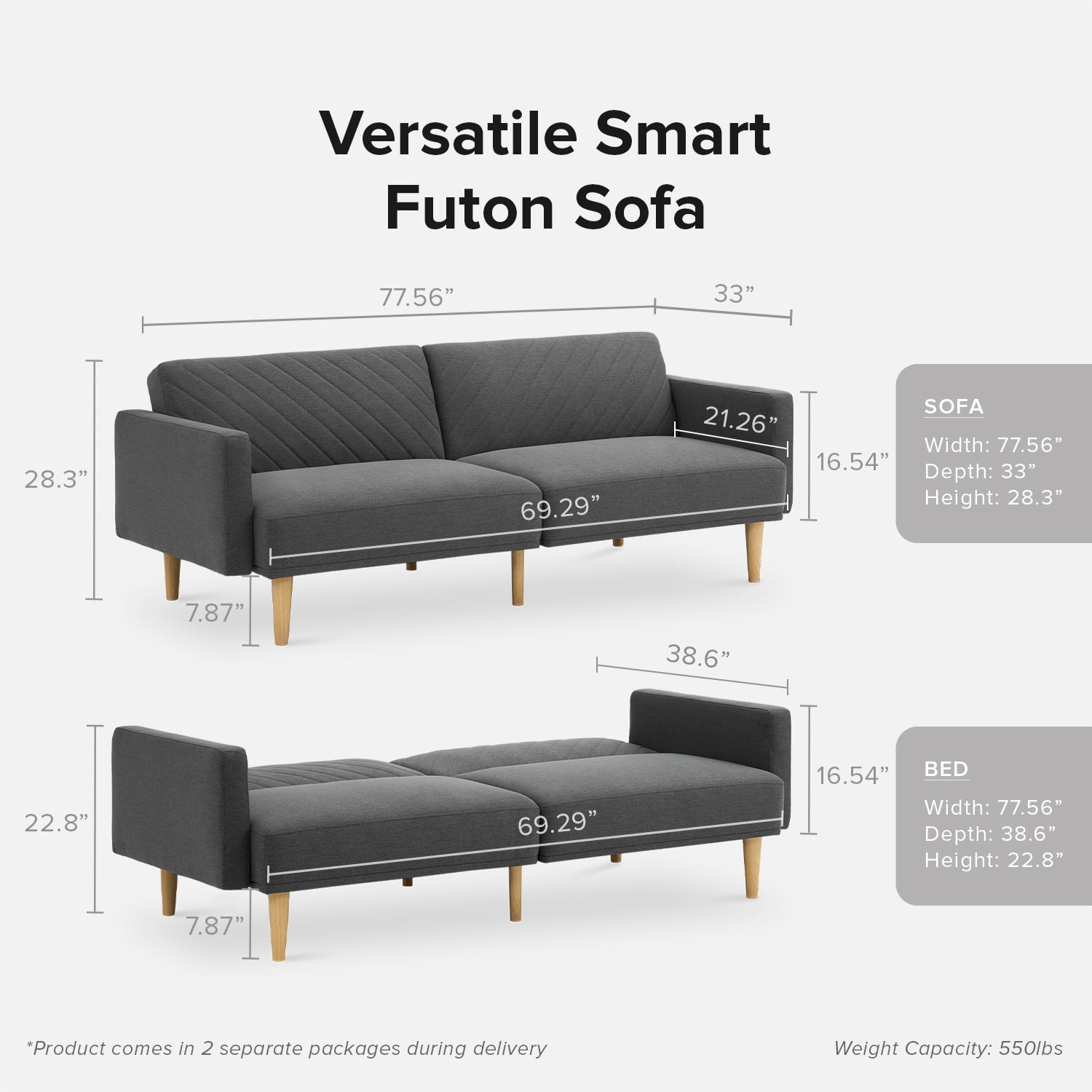 Mopio Chloe Futon Sofa Bed Convertible Sleeper Sofa with Tapered Legs Dark Gray 7.56" (W) x 38.6" (D) x 22.8" (H)