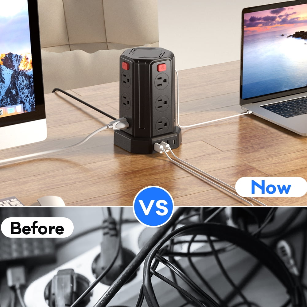 Power Strips Tower 12 Outlets Surge Protector with 4 USB Port and 10ft Extension Cord, Black