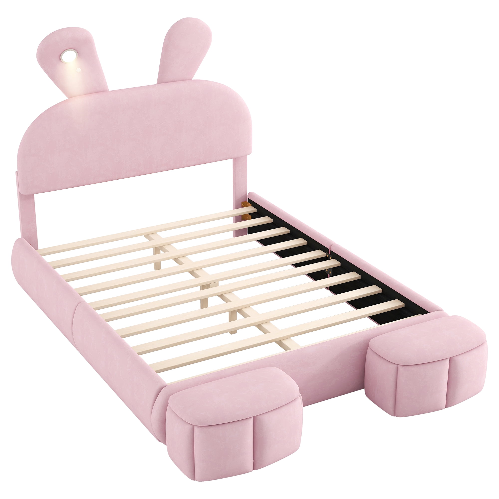 Euroco Upholstered Full Size Platfrom Bed, Bunny Shaped Bed with LED Light and Storage Cabinets