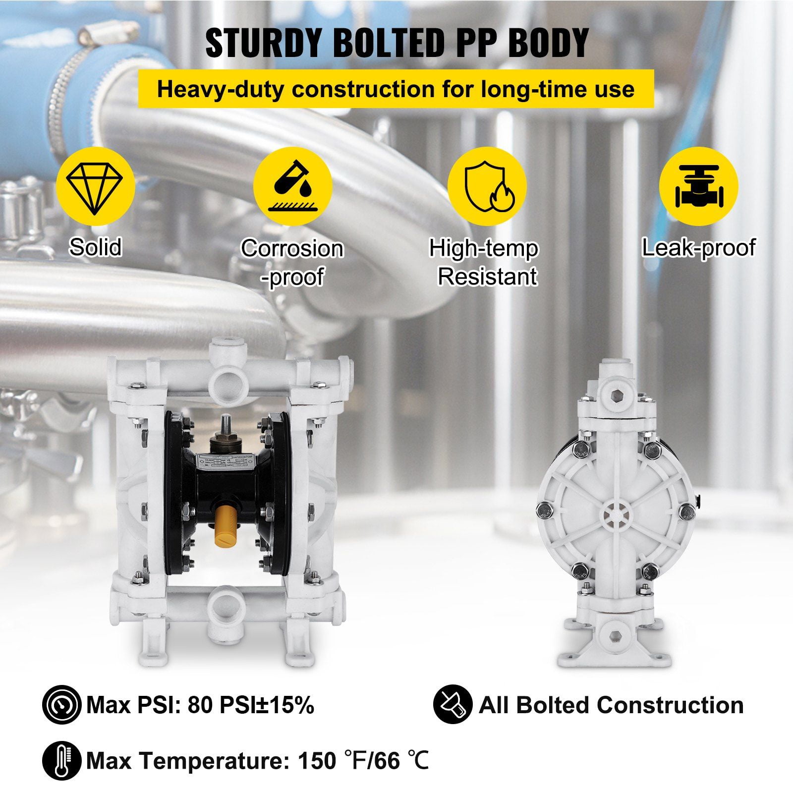 PTFE Diaphragm Pneumatic Pump, 1/2 Inch Inlet & Outlet, Polypropylene Body, 2.5 GPM Flow, 80 PSI, for Diesel, Oil & Low Viscosity Fluid Transfer
